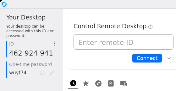 The support app window. Top left: your ID (9–10 digits) and a one-time password.